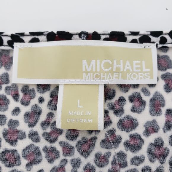 NWT MICHAEL KORS Arm Slit Animal Print Top Blouse Women L V-Neck Ruby Black - Picture 13 of 14